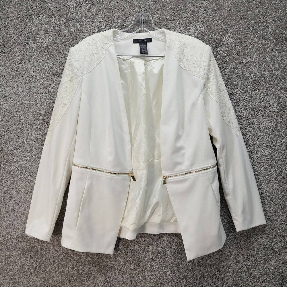 Grace Elements Ivory White Lace Shoulder Zip Detail Open Front Blazer Large